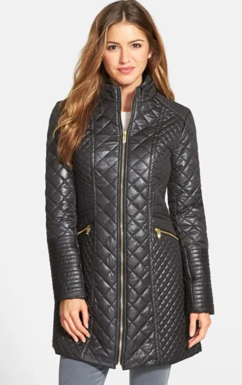 Via Spiga Womens XL Black Diamond Quilted Mid Length Winter Coat Puffer Luxe